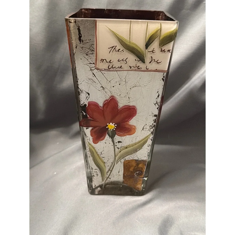 Hand Painted Floral Glass Vase Tapered Square Mixed Media Red Flower Script Art